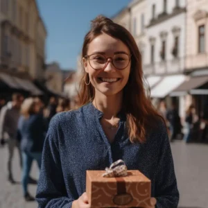 AliExpress Croatia: A young and happy Croatian woman stands in the center of Zagreb and holds a gift box in her hands.