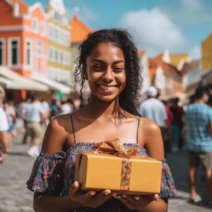 AliExpress Curacao: A young and happy Curaçaoan woman stands in the center of Willemstad and holds a gift box in her hands.