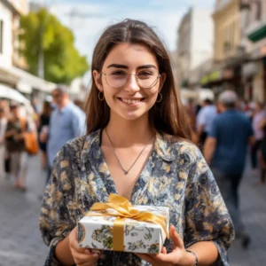 AliExpress Cyprus: A young and happy Cypriot woman stands in the center of Nicosia and holds a gift box in her hands.