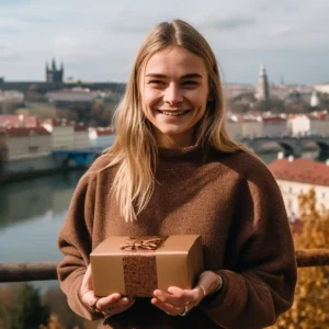 AliExpress Czechia (Czech Republic): A young and happy Czech woman stands in the center of Prague and holds a gift box in her hands.