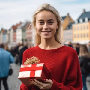 AliExpress Denmark: A young and happy Danish woman stands in the center of Copenhagen and holds a gift box in her hands.