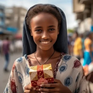 AliExpress Djibouti: A young and happy Djiboutian woman stands in the center of Djibouti City and holds a gift box in her hands.