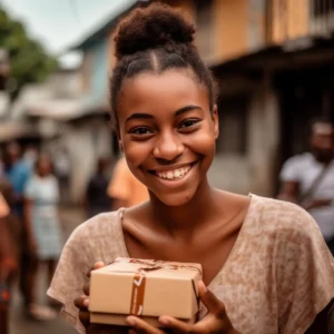 AliExpress Dominica: A young and happy Dominican woman stands in the center of Roseau and holds a gift box in her hands.