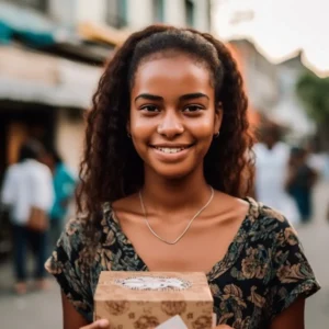 AliExpress Dominican Republic: A young and happy Dominican woman stands in the center of Santo Domingo and holds a gift box in her hands.