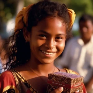AliExpress East Timor (Timor-Leste): A young and happy Timorese woman stands in the center of Dili and holds a gift box in her hands.