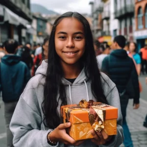 AliExpress Ecuador: A young and happy Ecuadorian woman stands in the center of Quito and holds a gift box in her hands.