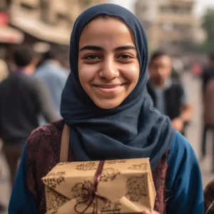 AliExpress Egypt: A young and happy Egyptian woman stands in the center of Cairo and holds a gift box in her hands.
