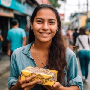 AliExpress El Salvador: A young and happy Salvadoran woman stands in the center of San Salvador and holds a gift box in her hands.