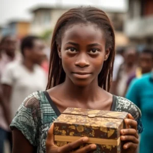 AliExpress Equatorial Guinea: A young and happy Equatorial Guinean woman stands in the center of Malabo and holds a gift box in her hands.