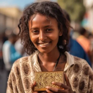 AliExpress Eritrea: A young and happy Eritrean woman stands in the center of Asmara and holds a gift box in her hands.