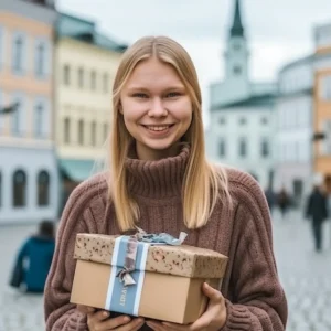 AliExpress Estonia: A young and happy Estonian woman stands in the center of Tallinn and holds a gift box in her hands.