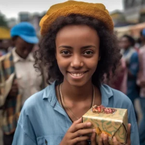 AliExpress Ethiopia: A young and happy Ethiopian woman stands in the center of Addis Ababa and holds a gift box in her hands.