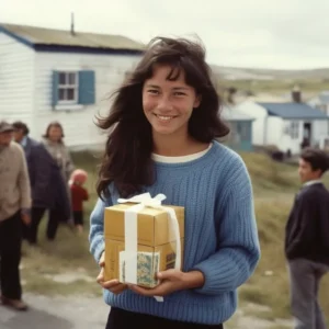 AliExpress Falkland Islands (Malvinas): A young and happy Falkland Islander woman stands in the center of Stanley and holds a gift box in her hands.