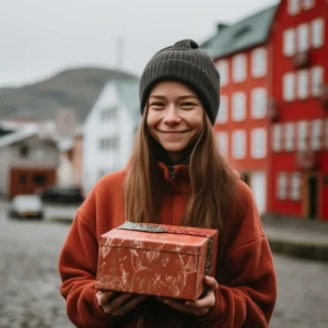 AliExpress Faroe Islands: A young and happy Faroese woman stands in the center of Tórshavn and holds a gift box in her hands.
