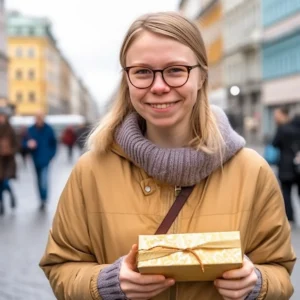 AliExpress Finland: A young and happy Finnish woman stands in the center of Helsinki and holds a gift box in her hands.