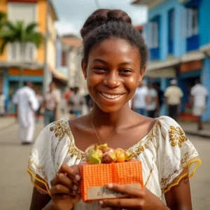 AliExpress French Guiana: A young and happy French Guianese woman stands in the center of Cayenne and holds a gift box in her hands.
