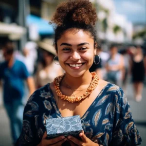 AliExpress French Polynesia: A young and happy French Polynesian woman stands in the center of Papeete and holds a gift box in her hands.