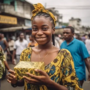 AliExpress Gabon: A young and happy Gabonese woman stands in the center of Libreville and holds a gift box in her hands.