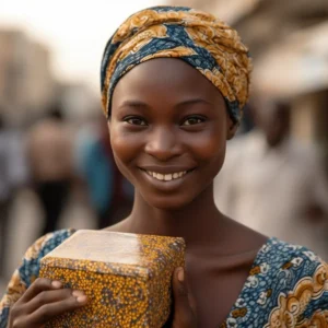AliExpress Gambia: A young and happy Gambian woman stands in the center of Banjul and holds a gift box in her hands.