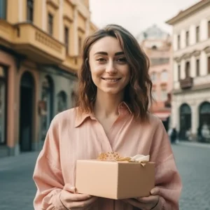 AliExpress Georgia: A young and happy Georgian woman stands in the center of Tbilisi and holds a gift box in her hands.