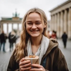 AliExpress Germany: A young and happy German woman stands in the center of Berlin and holds a gift box in her hands.