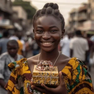 AliExpress Ghana: A young and happy Ghanaian woman stands in the center of Accra and holds a gift box in her hands.