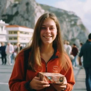 AliExpress Gibraltar: A young and happy Gibraltarian woman stands in the center of Gibraltar and holds a gift box in her hands.