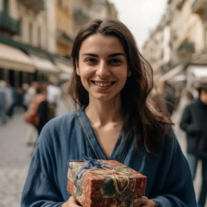 AliExpress Greece: A young and happy Greek woman stands in the center of Athens and holds a gift box in her hands.