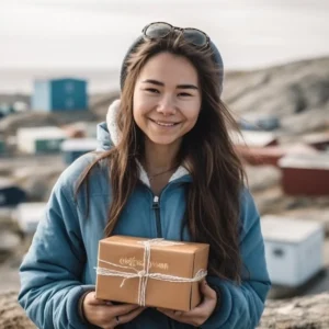 AliExpress Greenland: A young and happy Greenlandic woman stands in the center of Nuuk and holds a gift box in her hands.