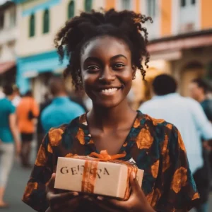 AliExpress Grenada: A young and happy Grenadian woman stands in the center of St. George's and holds a gift box in her hands.
