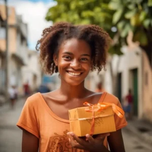 AliExpress Guadeloupe: A young and happy Guadeloupean woman stands in the center of Basse-Terre and holds a gift box in her hands.