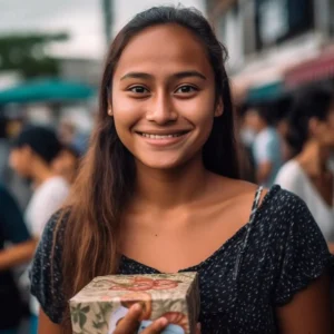 AliExpress Guam: A young and happy Guamanian woman stands in the center of Hagåtña and holds a gift box in her hands.