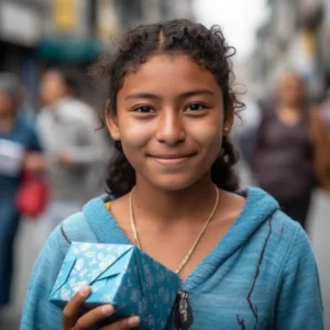 AliExpress Guatemala: A young and happy Guatemalan woman stands in the center of Guatemala City and holds a gift box in her hands.