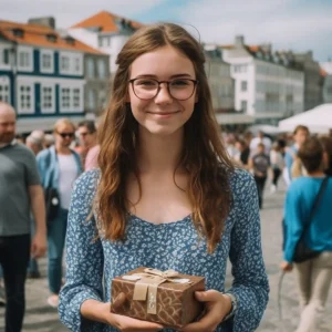 AliExpress Guernsey: A young and happy Guernsey woman stands in the center of St. Peter Port and holds a gift box in her hands.
