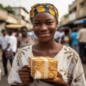 AliExpress Guinea: A young and happy Guinean woman stands in the center of Conakry and holds a gift box in her hands.