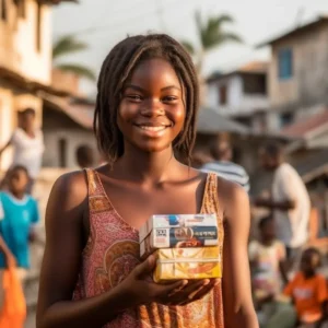 AliExpress Guinea-Bissau: A young and happy Bissau-Guinean woman stands in the center of Bissau and holds a gift box in her hands.