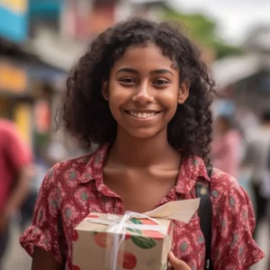 AliExpress Guyana: A young and happy Guyanese woman stands in the center of Georgetown and holds a gift box in her hands.