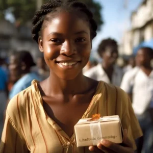 AliExpress Haiti: A young and happy Haitian woman stands in the center of Port-au-Prince and holds a gift box in her hands.