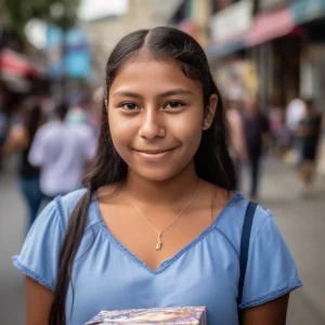 AliExpress Honduras: A young and happy Honduran woman stands in the center of Tegucigalpa and holds a gift box in her hands.
