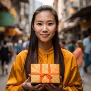 AliExpress Hong Kong, China: A young and happy Hong Konger woman stands in the center of Hong Kong and holds a gift box in her hands.