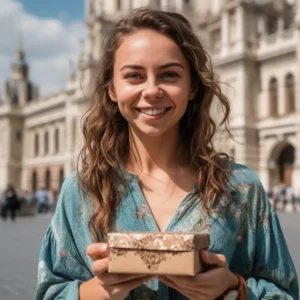 AliExpress Hungary: A young and happy Hungarian woman stands in the center of Budapest and holds a gift box in her hands.