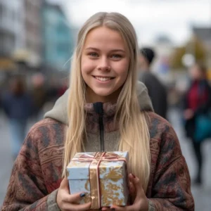 AliExpress Iceland: A young and happy Icelandic woman stands in the center of Reykjavik and holds a gift box in her hands.