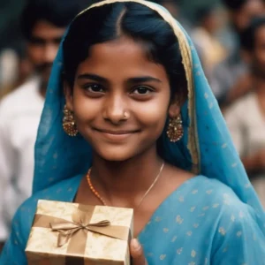 AliExpress India: A young and happy Indian woman stands in the center of New Delhi and holds a gift box in her hands.