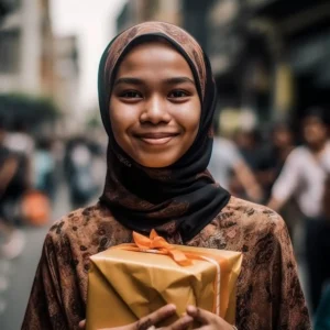 AliExpress Indonesia: A young and happy Indonesian woman stands in the center of Jakarta and holds a gift box in her hands.