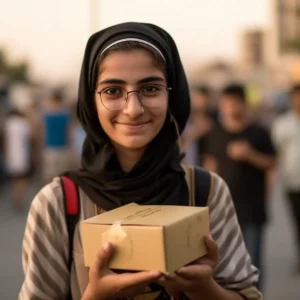 AliExpress Iraq: A young and happy Iraqi woman stands in the center of Baghdad and holds a gift box in her hands.