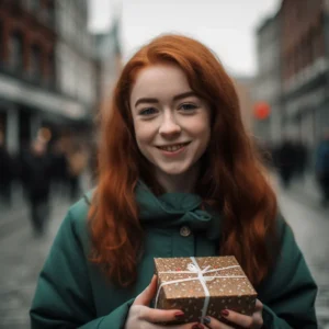 AliExpress Ireland: A young and happy Irish woman stands in the center of Dublin and holds a gift box in her hands.