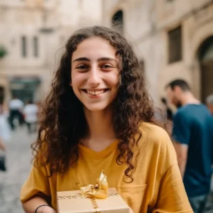 AliExpress Israel: A young and happy Israeli woman stands in the center of Jerusalem and holds a gift box in her hands.