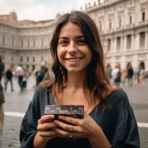 AliExpress Italy: A young and happy Italian woman stands in the center of Rome and holds a gift box in her hands.