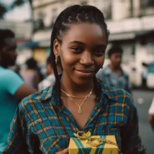 AliExpress Jamaica: A young and happy Jamaican woman stands in the center of Kingston and holds a gift box in her hands.