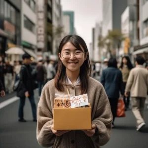 AliExpress Japan: A young and happy Japanese woman stands in the center of Tokyo and holds a gift box in her hands.